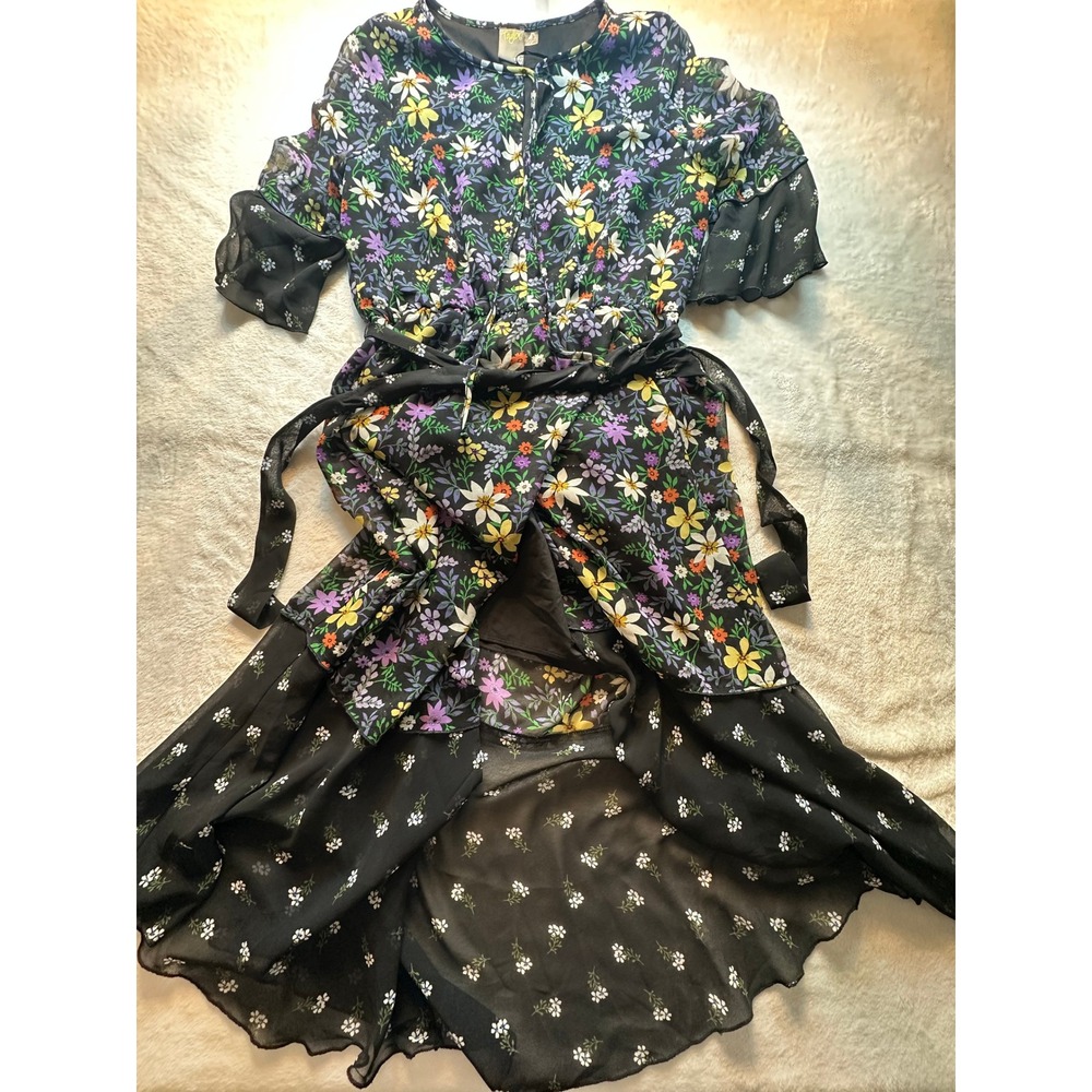 Taylor Floral HighLow Midi Dress Black Mixed Botanical Print Flutter Sleeve 12
